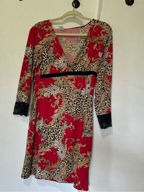 Linea Donatella Red Floral & Leopard Print dress with Black Lace Trim